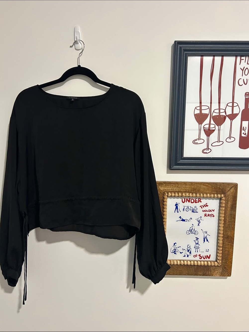 Dynamite Black Cropped Long-Sleeve Silk Blouse with Drawstring Details